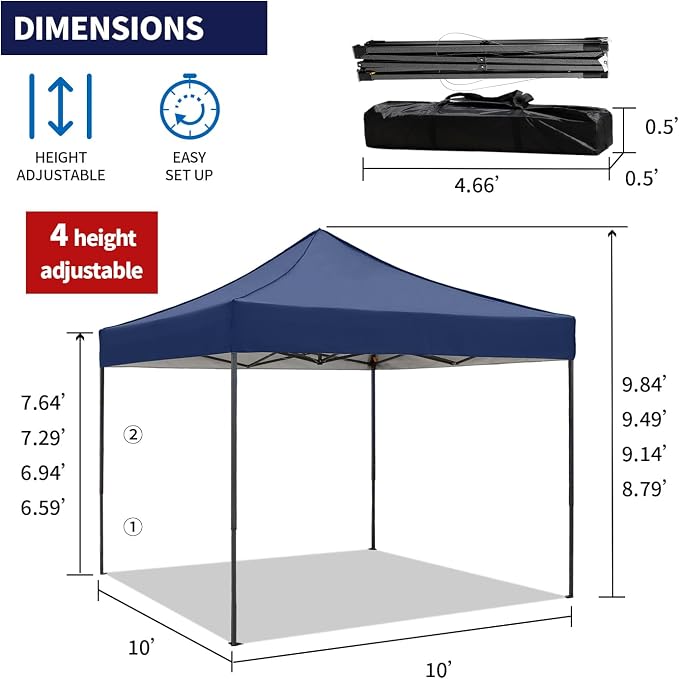 10x10 Heavy Duty Canopy Pop Up Commercial Canopy Tent, Vendor Tent with 400D Oxford Fabric for Camping Outdoor Events Parties Weddings, UPF 50+ Waterproof (Navy Blue)