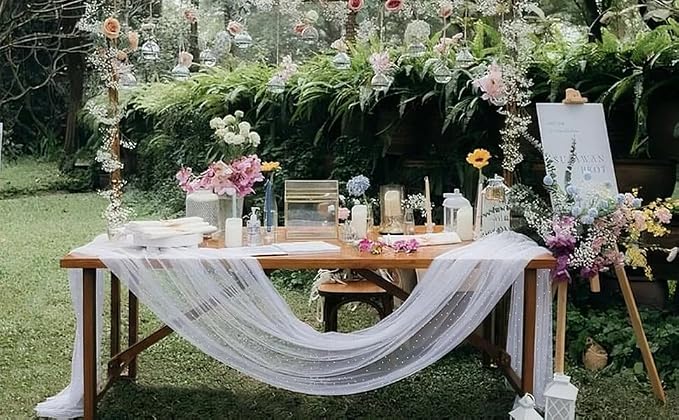 Pearl Table Runner 10FT,White Tulle Runners Rustic Lace Fabric Centerpieces for Wedding Arch Birthday Bridal Veil Baby Shower Decorations Sheer Dining Holiday Decor for Party 30" X 120" 1pc