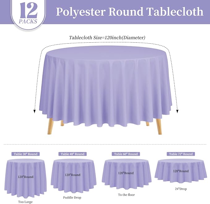 Pesonlook 12 Pack Lavender Round Tablecloth-120 Inch Lavender Table Cloth Polyester Round Table Cover Washable Fabric Table Cover for Wedding/Party/Banquet/Dining/Buffet Table(Lavender/120 Inch)