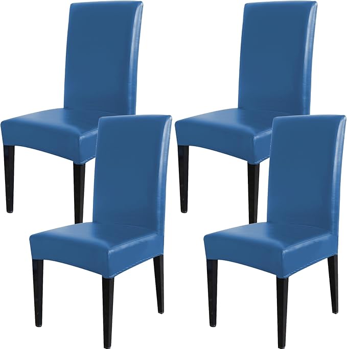 Qubjus Dining Chair Covers, Solid Pu Leather Waterproof Oilproof Stretch Dining Chair Protector Cover Slipcover (Blue, 4 Pack)
