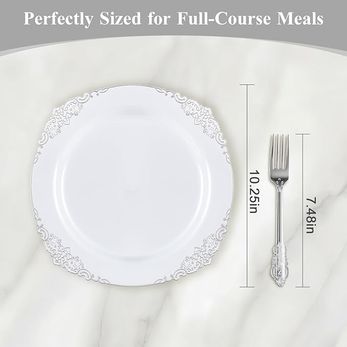 Goodluck 100PCS White and Silver Plastic Plates – 10.25” Heavy Duty Disposable Dinner Plates & Party Plates for Weddings, Parties, Events – Elegant, Sturdy