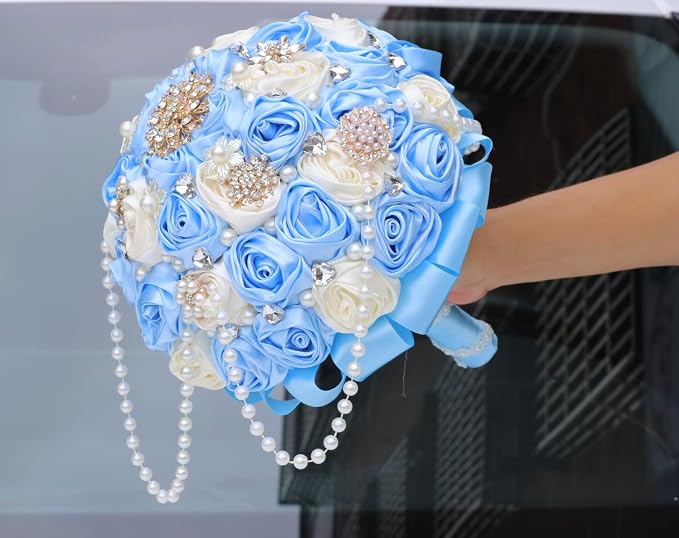Light Blue Bridal Wedding Bouquet with Rhinestone Brooch Pearl String Cascade Bouquet for Bride Bridesmaid Quinceanera Satin Rose Flower Bouquet Wedding Light Blue and Ivory 9.8in