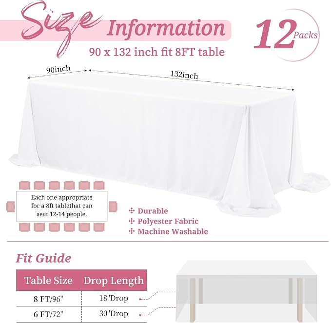 Showgeous 12 Pack White Rectangle Tablecloth, 90 x 132 Inch, Wrinkle & Stain Resistant, Polyester, Perfect for 6ft Table, Weddings, Banquets, Parties