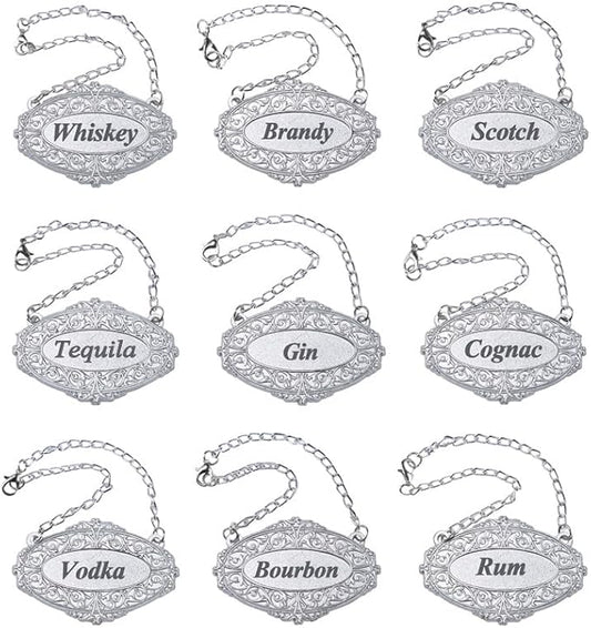 Gorgeous Silver Decanter Liquor Tags - Set of 9, Adjustable Chain, Gin, Vodka, Bourbon, Cognac, Whiskey, Brandy, Rum, Scotch, Tequila Tags