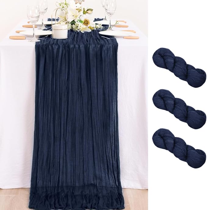 MLMC 3 Pack Navy Table Runner 10ft Spring Sheer Gauze Cheesecloth Table Runner Cheese Cloth Centerpiece Decororations 35x120 Inches for Easter Wedding Bridal Baby Shower Birthday Party Decor