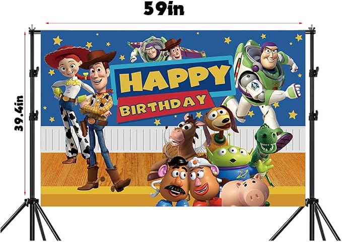 Toy theme birthday decorations,145 Pcs party supplies.Include Birthday Banner, Backdrop, Hanging Swirls, Balloons, Cupcake Toppers, Tablecloth.