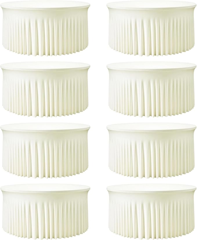 8 Pack Ivory Spandex Round Tablecloths for 60inch Tables, Wrinkle-Free Stretchy Fitted 5FT Round Table Covers with Skirt for Wedding Family Gatherings Holiday Party Business Banquets Event