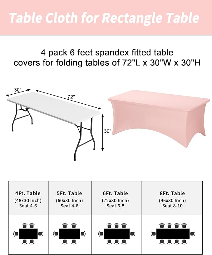 Fixwal Light Pink Stretch Table Cloth Rectangle 4 Pack 6Ft, Spandex Fitted Table Covers Washable for Party, Trade Show, Banquet, Wedding, Buffet