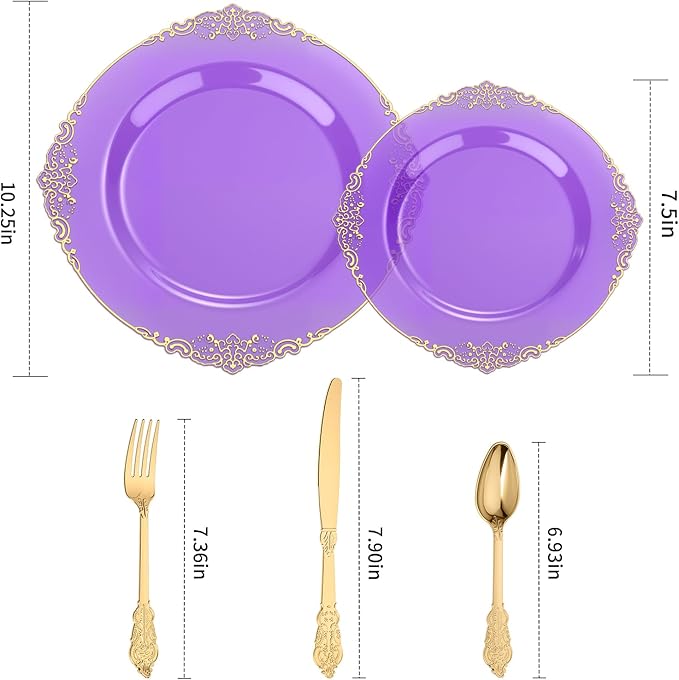 Goodluck 250 PCS Vintage Translucent Purple & Gold Rim Plastic Plates with Cutlery Set - Serves 50 - Heavy Duty Elegant Disposable Dinnerware for Sweet 16, Mardi Gras, Bridal Shower