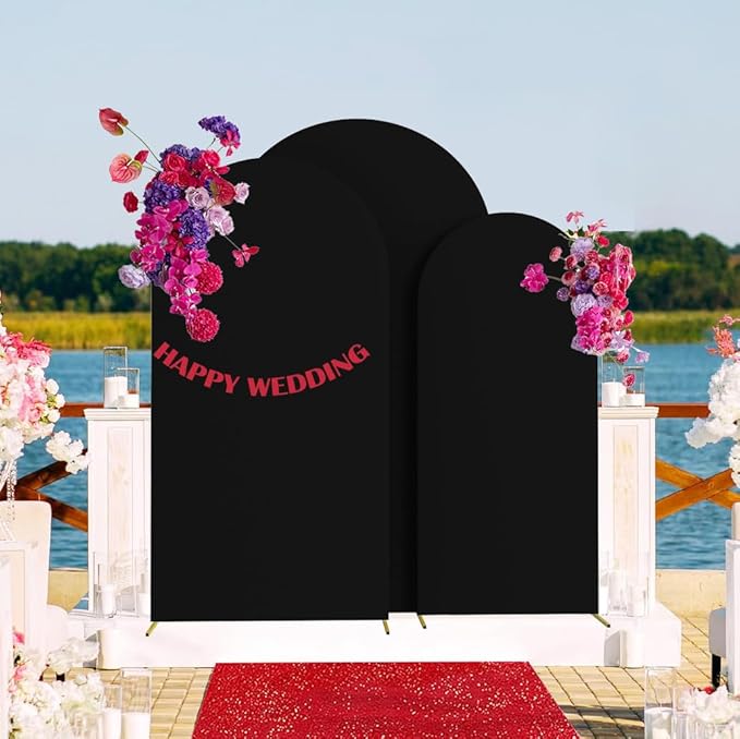 HAINARverS Set of 3 Wedding Arch Cover 6FT,6.6FT,7.2FT Spandex Fitted Stretchy Arch Stand Covers,2 Sided Round Top Chiara Backdrop Cover Banquet Baby Shower Arch Decoration(Black)