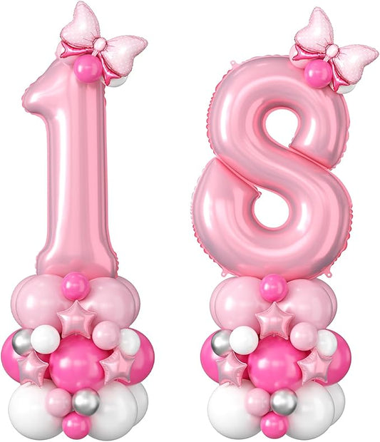 Pink Number 18 Balloons 40 Inch Pastel Pink 18th Birthday Party Decorations Baby Hot Pink White Number 81 Foil Balloon Tower with Bows Giant Large Digit Helium Balloon for Girls Women 81st Anniversary