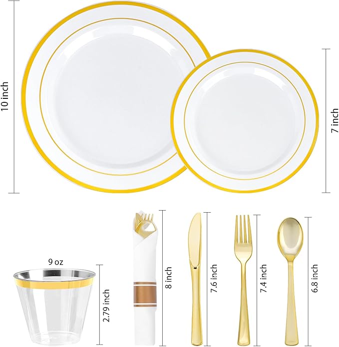 175 PCS White and Gold Plastic Dinnerware Set for 25 Guests, 50 Disposable Plates for Party, 25 Pre Rolled Napkins with Gold Silverware, 25 Cups
