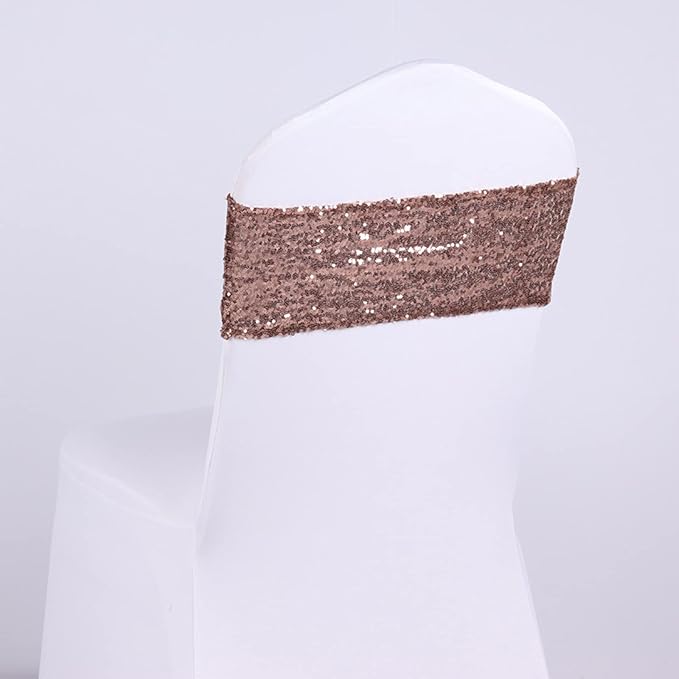 Pack of 50 Stretch Sequin Chair Sashes Chair Bands One-Sided Sequins Decor for Hotel Wedding Reception Events Party Chair Cover Decoration (Brown)