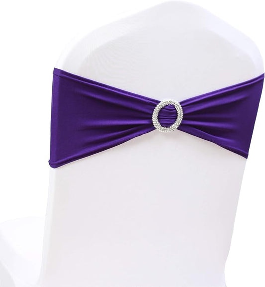 100PCS Dark Purple Stretch Chair Sashes Bows Elastic Chair Bands with Buckle Slider Sashes Bows for Wedding Hotel Banquet Birthday Party Decorations (100PCS, Dark Purple)