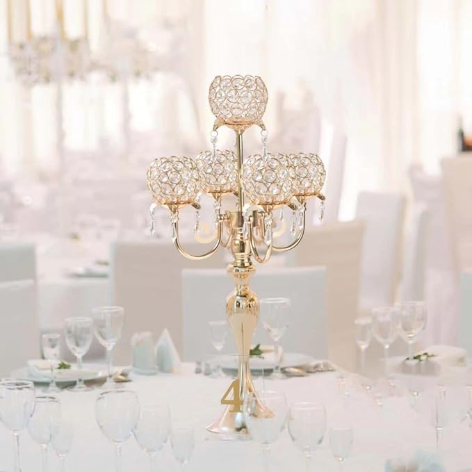 2 PCS Kehail Crystal Table Decoration Gold Candle Holder with Pendant, 5 Arm Candelabra Holder Beautiful Hollow Engraved Table Centerpiece for Christmas, Thanksgiving, Weddings, Holiday Parties