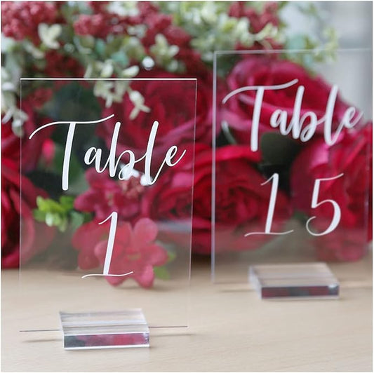 UNIQOOO Acrylic Wedding Table Numbers 1-15 with Stands | 4x6 inch Printed Calligraphy, Clear Table Number Signs and Holders | Perfect for Wedding Reception, Centerpiece Decoration, Event, Party