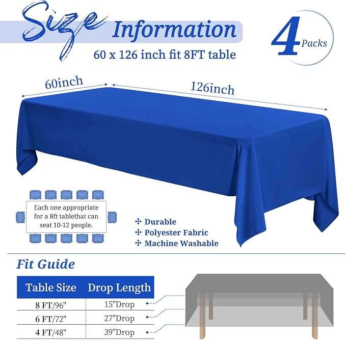 Showgeous 4 Pack Royal Blue Tablecloth 60 x 126 Inch, Rectangle Tablecloth for 8 Foot Table, Stain and Wrinkle Resistant Washable Polyester Table Cloth Cover for Wedding Dining Table Buffet Parties