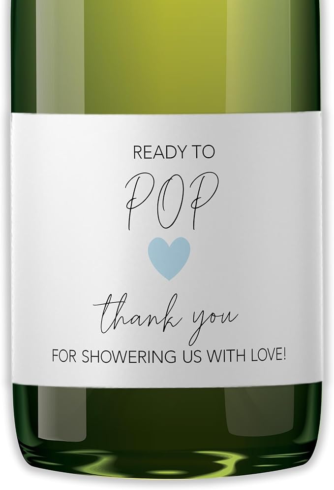 It’s a Boy Mini Champagne Bottle Labels ● SET of 12 ● She’s Ready To POP Baby Shower Favor Label, About to POP Thank You Favors, Blue Boy Baby Shower Gender Reveal Waterproof (Heart)