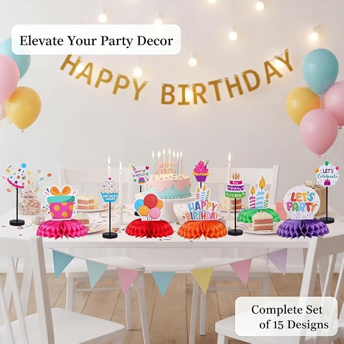 15 Pcs Birthday Table Centerpieces Set - Colorful Honeycomb Balls & Wooden Table Standing Sign Decor Kit for Party, Home Celebration Supplies