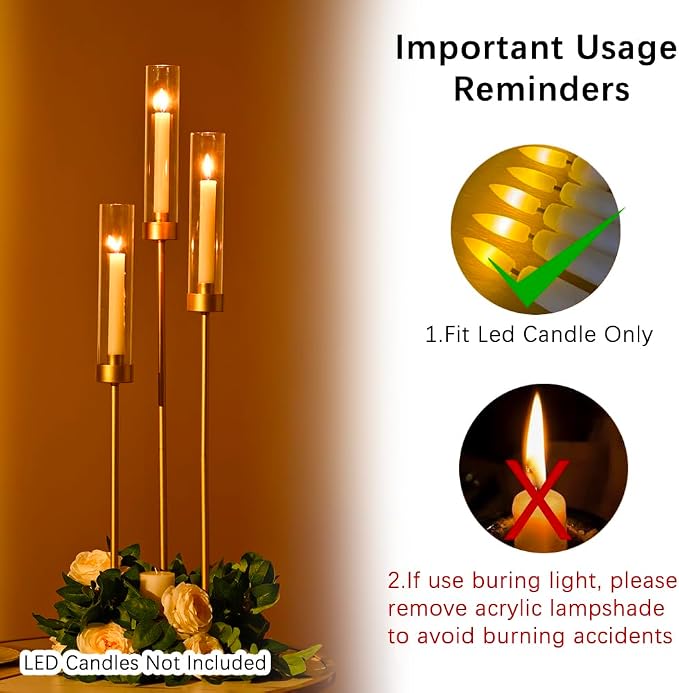 Vincidern 12pcs Candelabra 3 Arm, Wedding Centerpieces for Tables, 33.8'' Tall Candle Holder Gold Table Centerpieces for Wedding, Party, Event, with Acrylic Lampshade, Fit LED Taper Candles