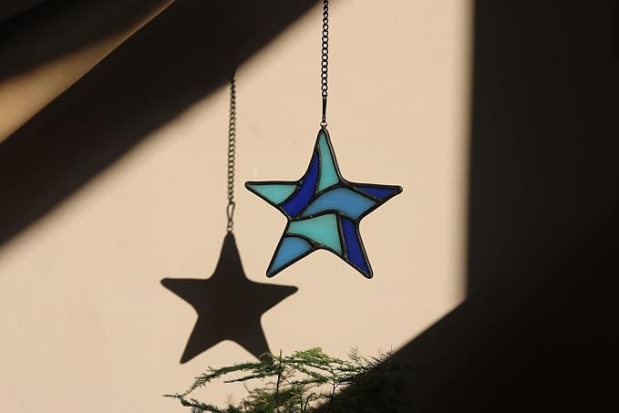 Blue Star Decoration Stained Glass Window Hanging,Glass Star Suncatcher for Living Room Bedroom Bathroom Kitchen, Birthday Gift for Boy Men Party