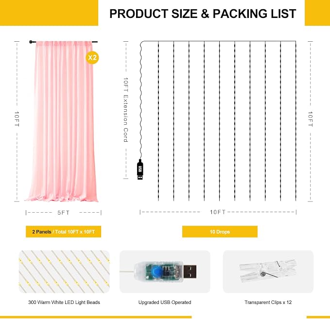 Tulle Curtain Backdrop with 300 LED Fairy Lights for Parites Wrinkle-Free Sheer Curtain Drapes Photo Back Drop for Wedding Baby Shower Bridal Shower Birthday Dance Home Décor - 10ft×10ft, Pink