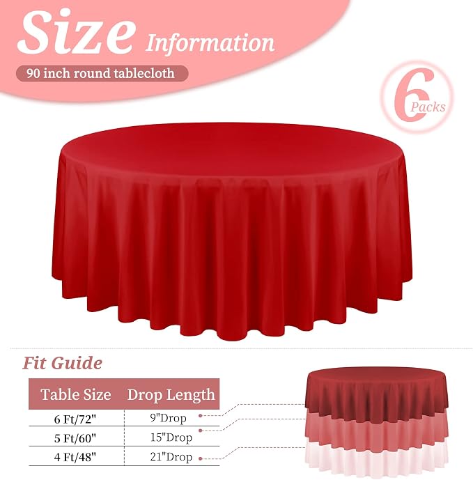 YMHPRIDE 6 Pack Round Tablecloths - Red Table Cloth, 90 Inch Polyester Round Table Cloth, Washable Fabric Table Covers for Wedding, Party, Dining, Banquet