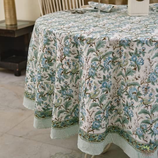 Ridhi Round Tablecloth Hand Block Print 100% Cotton Reusable Sage and Russian Green 132 Inch Table Cover Decorative Everyday Use for Dining, Home, Wedding, Farmhouse Gift for Spring, Mother's Day
