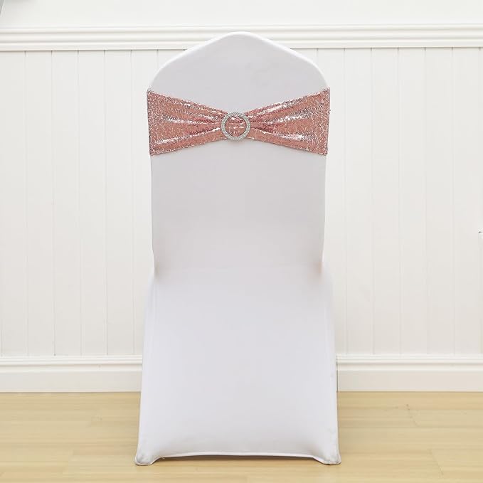 Sequin Rose Gold Chair Sashes for Wedding Decor, Glitter Rose Gold Chair Bands with Silver Buckles, Sequins Chair Bows for Party Birthday Banquet Anniversary Ceremony Event Decor - 50 Pack