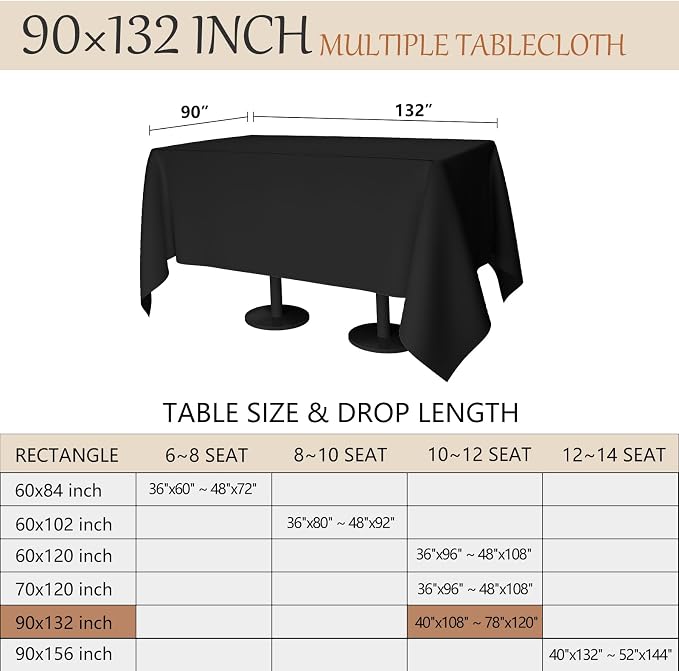 90x132 Table Cloth - 6 Pack Rectangular White Washable Stain and Wrinkle Resistant Polyester Table Cover for Dining Tables, Various Parties and Camping (Black)