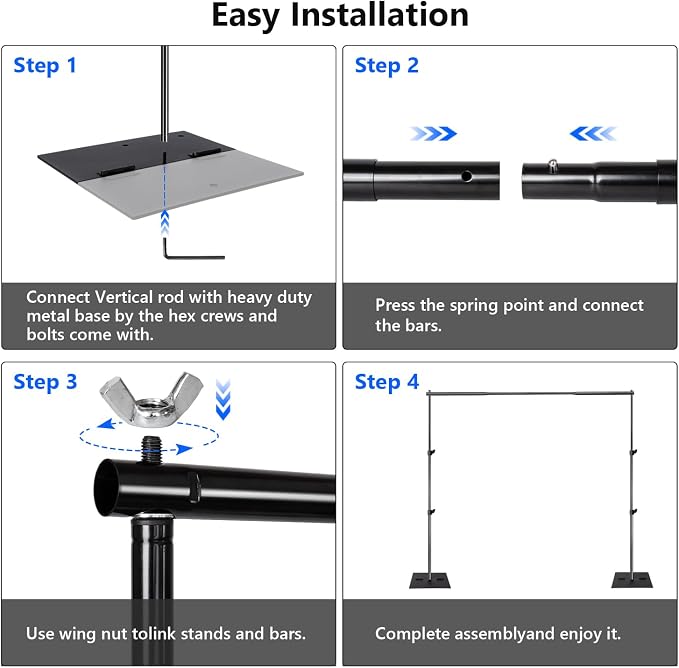HYJ-INC Pipe and Drape Photography Backdrop Stand Kit Adjustable Photo Background Stand 10ft x 6.5ft with Metal Base for Parties Weddings Birthday Party Events Photo Booth