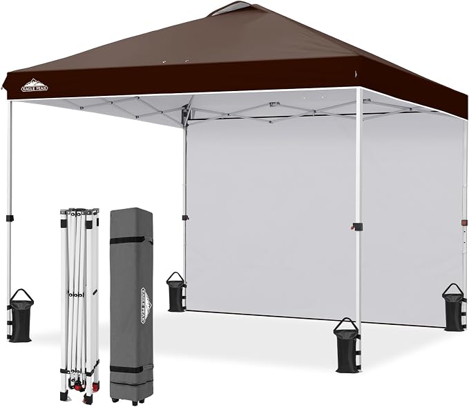 EAGLE PEAK Commercial Canopy 10x10 Pop Up Canopy Tent with 1 Sidewall, Easy Setup Heavy Duty Instant Event Shelter for Vendors & Markets, Outdoor Sun Shade, Brown