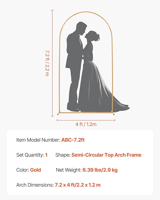 VEVOR Arch Backdrop Stand, 7.2 x 4 ft, Stable Structure, Easy Assembly, 1 Set Gold Metal Arch Backdrop Stand for Wedding, Birthday Party, Graduation, Holiday Celebration, and Ceremony Decoration