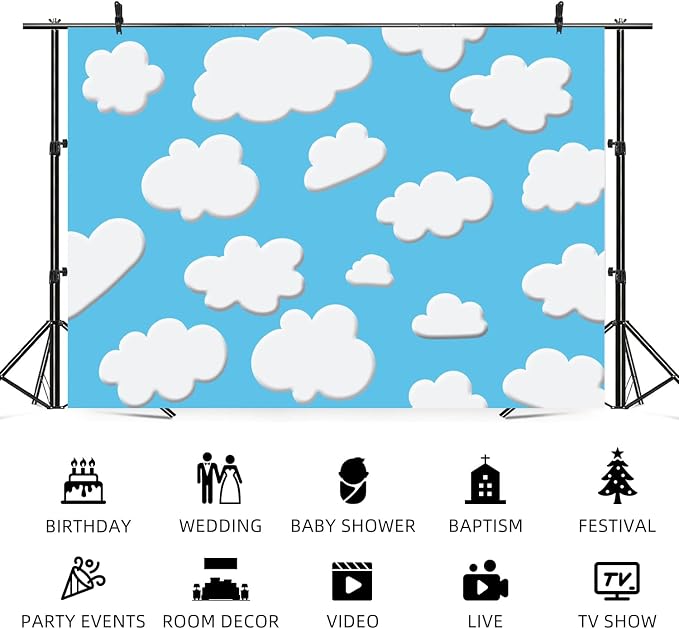 12x6ft Blue Sky White Clouds Backdrop Cartoon Kids Birthday Party Photography Background Natural Scenery Wedding Baby Shower Banner Decorations Newborn Adult Portrait Photo Booth Prop