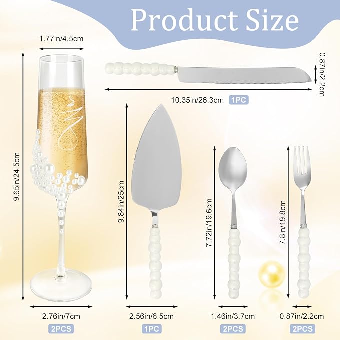 8 PCS Wedding Cake Knife and Champagne Flutes Server Set, Mr and Mrs Champagne Flutes with 2 Forks and 2 Spoons,Bride and Groom Champagne Glasses for Wedding, Engaggement and Bridal Shower Gifts