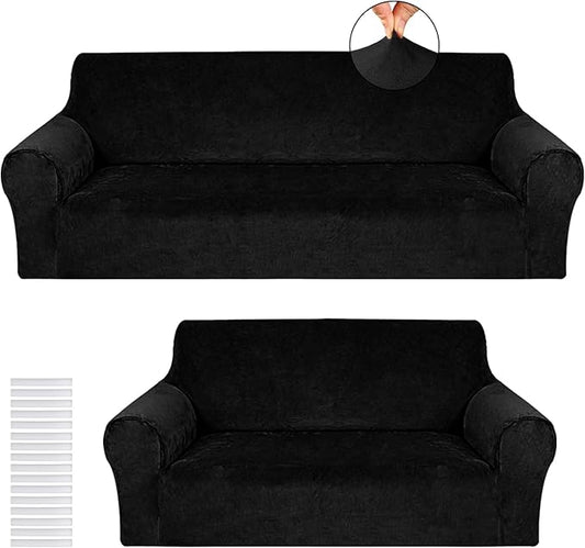 Peryiter 2 Pcs Sofa Covers Couch and Loveseat Covers Set Stretch Sofa Slipcover for Living Room Armchair Furniture Protector, Wrinkle Proof(Black,Velvet)