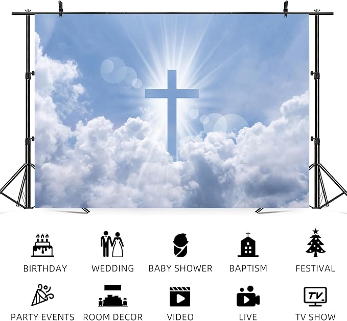 20x10ft Christian Cross Backdrop Holy Crucifix Heaven Sky Cloud Photography Background Lord Pray Resurrection of Jesus Easter Banner Decorations Church Events Portrait Photo Booth Prop