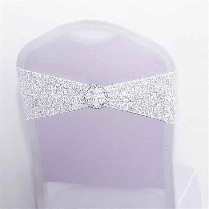 Dimatic 10 PCS Stretch Sequin Chair Sashes Chair Stretchy Spandex Bands for Wedding Reception Events Banquets Chairs Decoration (White)