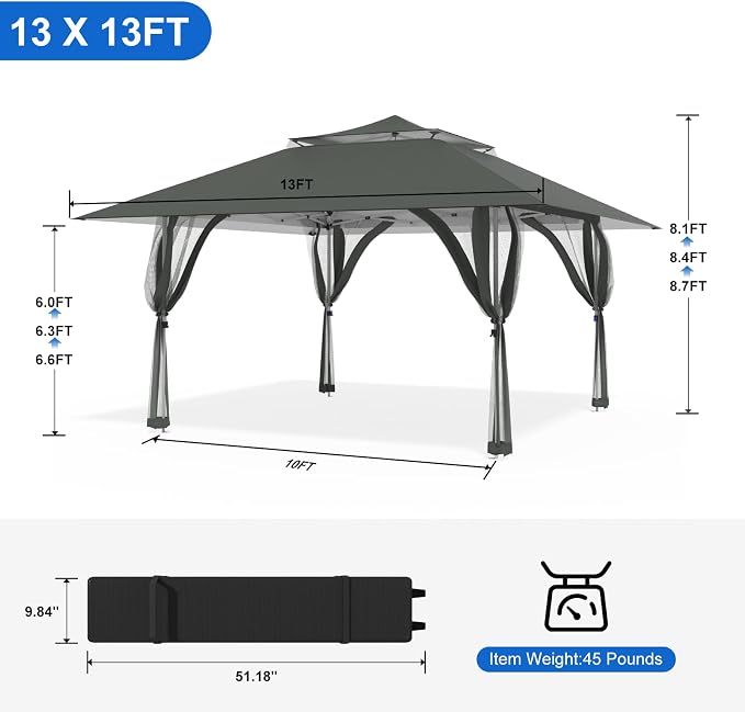 Pop Up Canopy Tent 13x13 FT with 4 Sidewall, Outdoor Easy Setup Gazebo with Wheeled Carry Bag, Heavy Duty Shelter with UV-Resistant Top, Portable Instant Shade for Garden Camping, Grey
