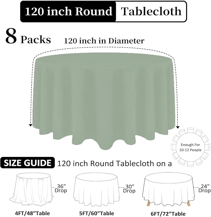 8 Pack Sage Green Round Tablecloth 120 Inch Wrinkle Resistant Green Table Cloth Reusable and Washable Polyester Fabric for Buffet Wedding Party and Banquet