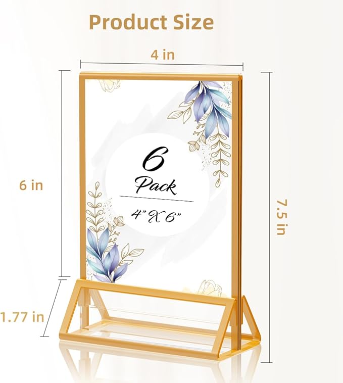 PPH-Sisy Gold Picture Frame 4X6 Acrylic Sign Holder Double Sided Clear Acrylic Frames Display Stand, Plastic Sign Holder for Wedding Table Numbers Menu Holder (6 Pack)