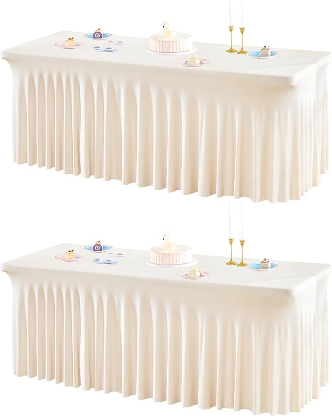 2 Packs Ivory Table Clothes for 8 Foot Rectangle Tables, One-Piece Wrinkle Resistant Stretch Spandex Table Covers with Skirt for Event Banquet Wedding Birthday Party