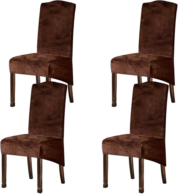 Velvet Plush XL Dining Chair Covers, Stretch Chaircover, Spandex High Chairs Protector Covers Seat Slipcover with Elastic Band for Dining Room,Wedding, Ceremony, Banquet (Coffee, Set of 4)