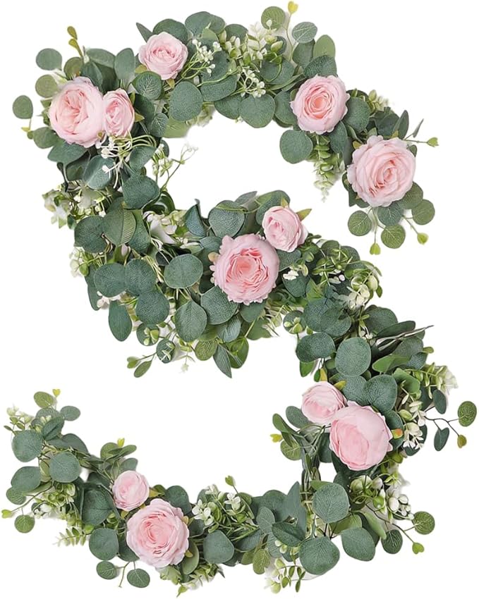 2pcs Artificial Flowers Garland 6FT Silk Peony Vine with Eucalyptus Leaves Faux Floral Garlands for Wedding Arch Door Wall Hanging Party Home Decoration (Pink)
