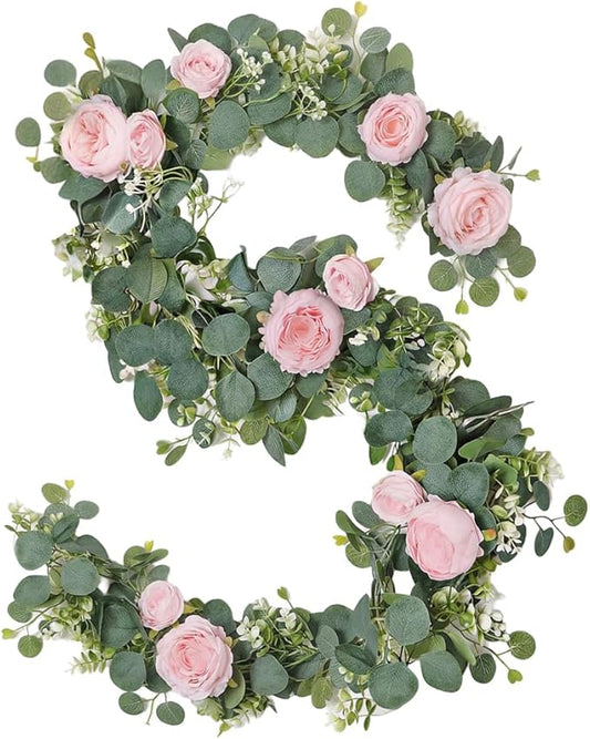 2pcs Artificial Flowers Garland 6FT Silk Peony Vine with Eucalyptus Leaves Faux Floral Garlands for Wedding Arch Door Wall Hanging Party Home Decoration (Pink)