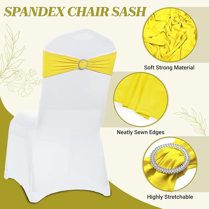 VDS - Yellow | Spandex Chair Sashes Bows | 150 PCS | Stretch Elastic Banquet Universal Folding Chair Band Tie with Silver Buckle Slider for Wedding Party Conference Celebration Event Decoration
