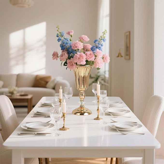 2PCS Gold Metal Wedding Flower Trumpet Stripe Vases Crystal Table Centerpieces for Artificial Flower Arrangements for Anniversary Celebration/Wedding/Party/Birthday Event Aisle Home Decor