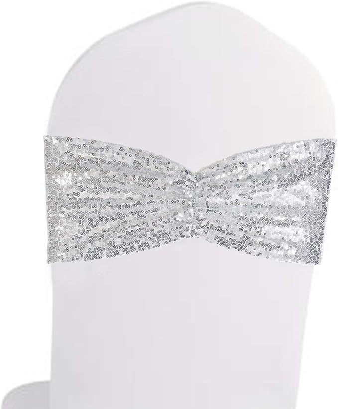 Eternal Beauty Pack of 30 Silver Chair Sashes Band Bows Sequin Chair Sashes for Wedding Decorations