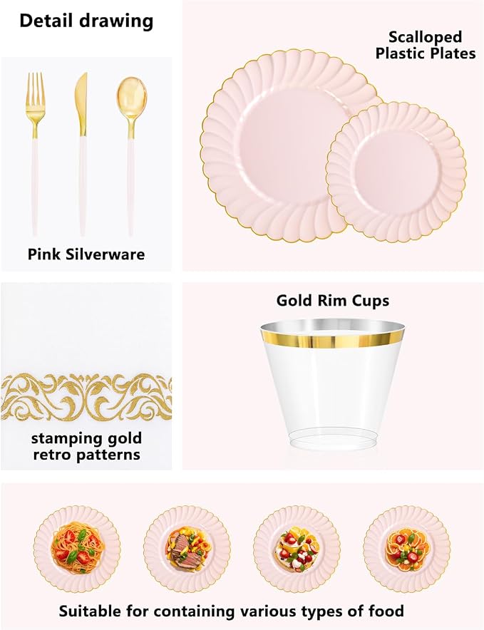 Ciaell 175 PCS Pink Scalloped Plastic Plates with Gold Trim - Pink Plastic Silverware with Handle - Fancy High-End Dinnerware Sets for Wedding & Baby Showers & Party