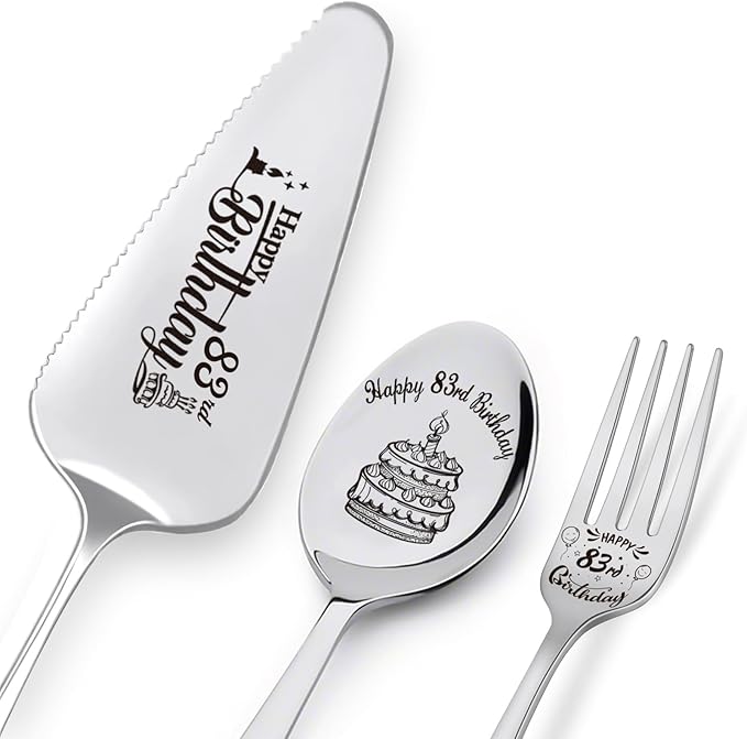 Happy 83rd Birthday Personalized Laser-Engraved Stainless Steel Birthday Party Utensil Set - Cake Server, Spoon, and Fork for Mother Father Husband Wife Grandmother Grandfather
